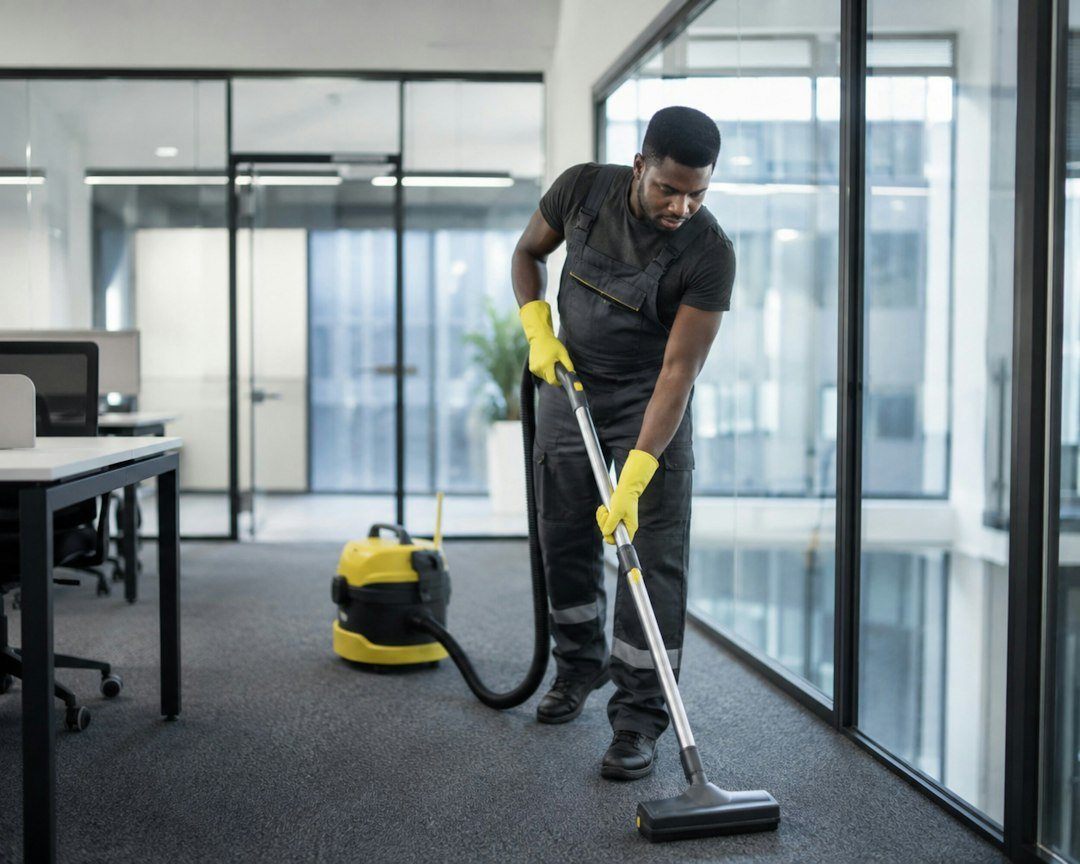 Agent passant l'aspirateur dans un open space de bureaux